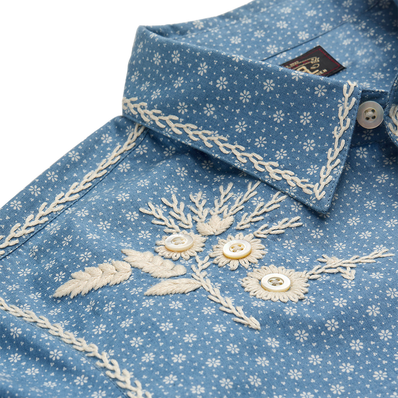 RRL by Ralph Lauren Womens Embroidered Indigo Floral-Print Shirt Blue / Cream - The Sporting Lodge