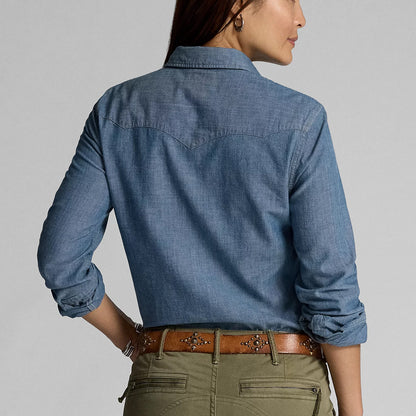 RRL by Ralph Lauren Womens Indigo Chambray Western Shirt Rinse - The Sporting Lodge