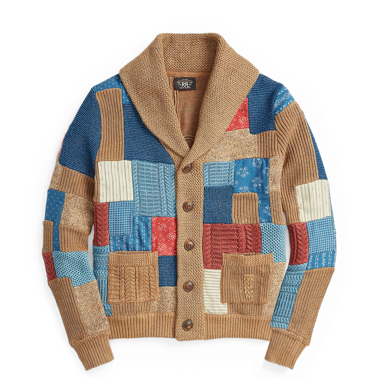 RRL by Ralph Lauren Womens Indigo Patchwork Shawl-Collar Cardigan Brown Multi - The Sporting Lodge