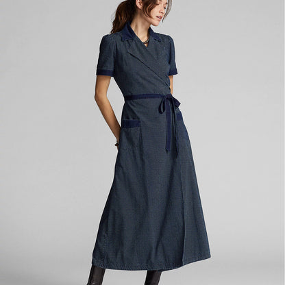 RRL by Ralph Lauren Womens Indigo Polka-Dot Cotton Wrap Dress Dark Indigo - The Sporting Lodge