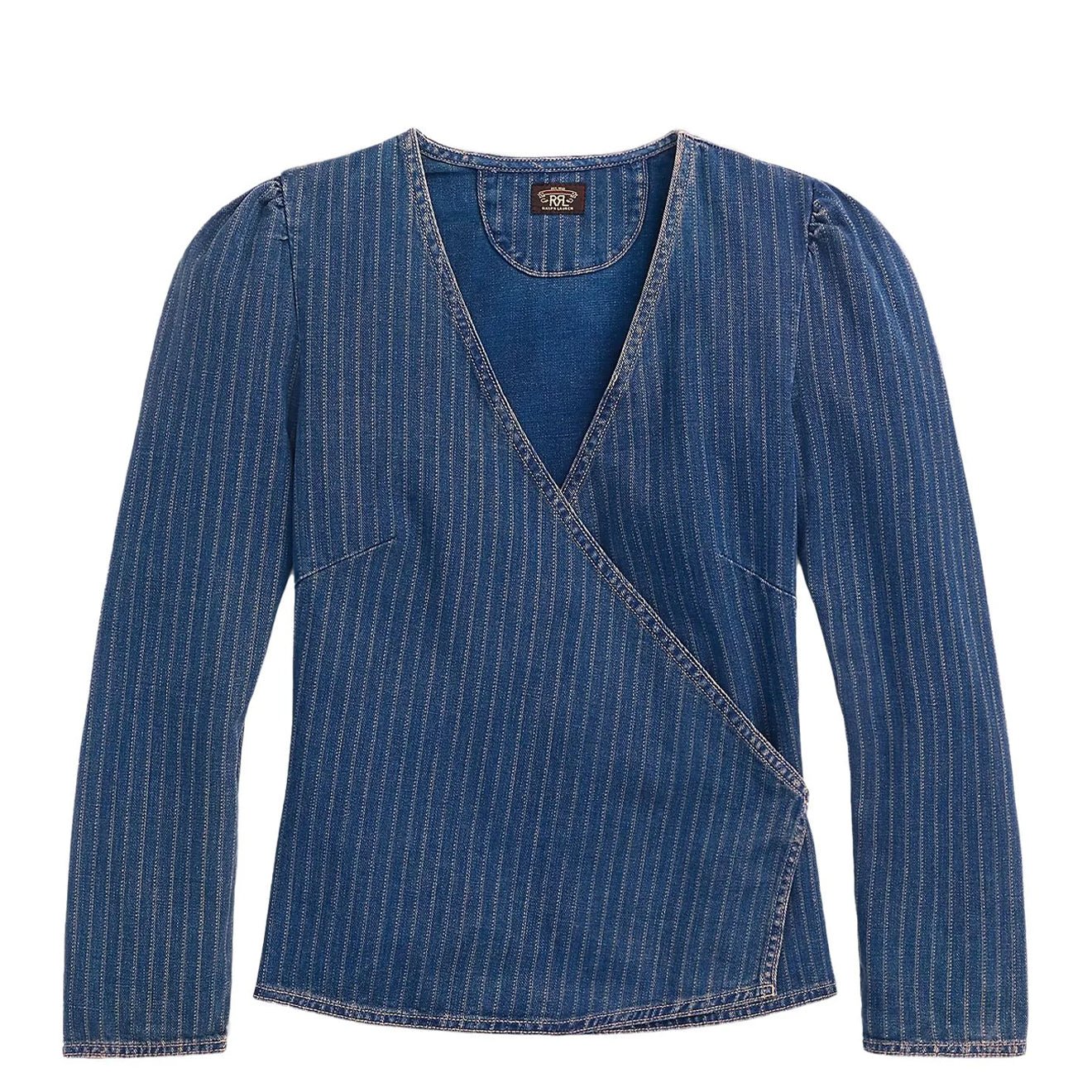 RRL by Ralph Lauren Womens Indigo Striped Denim Wrap Top Medium Indigo