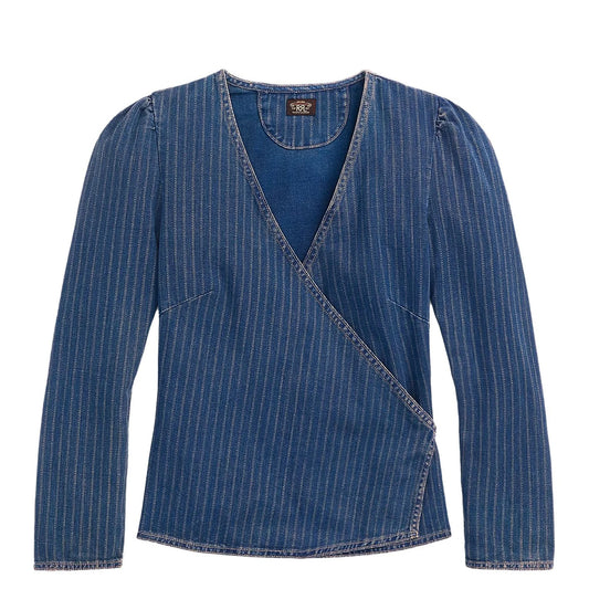RRL by Ralph Lauren Womens Indigo Striped Denim Wrap Top Medium Indigo