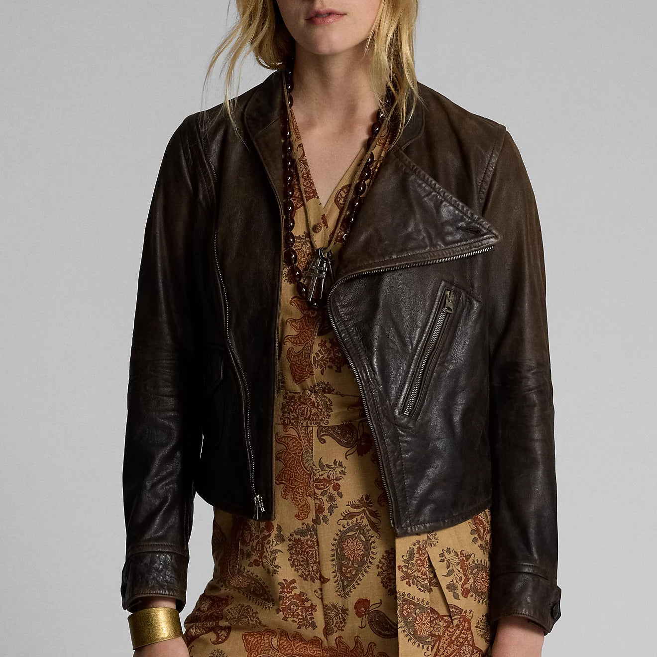 RRL by Ralph Lauren Womens Leather Moto Jacket Dark Sepia - The Sporting Lodge