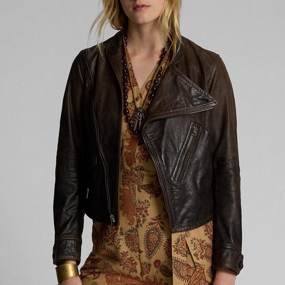 RRL by Ralph Lauren Womens Leather Moto Jacket Dark Sepia - The Sporting Lodge
