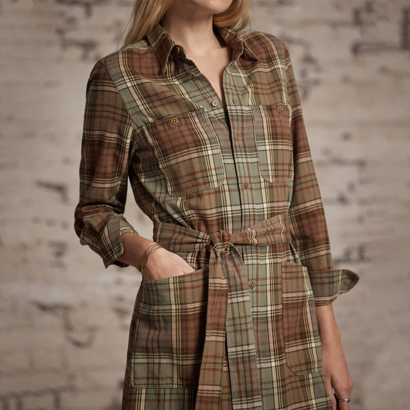 RRL by Ralph Lauren Womens Plaid Cotton Twill Shirtdress Green/Sage/Multi