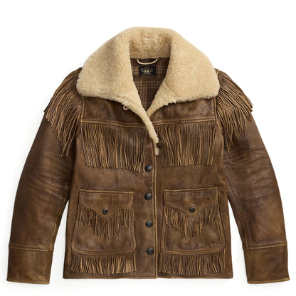 RRL by Ralph Lauren Womens Shearling-Collar Fringe Leather Jacket Vintage Brown / Tan
