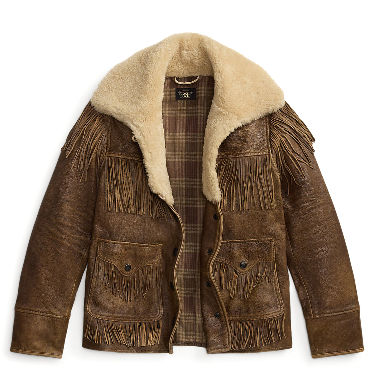 RRL by Ralph Lauren Womens Shearling-Collar Fringe Leather Jacket Vintage Brown / Tan