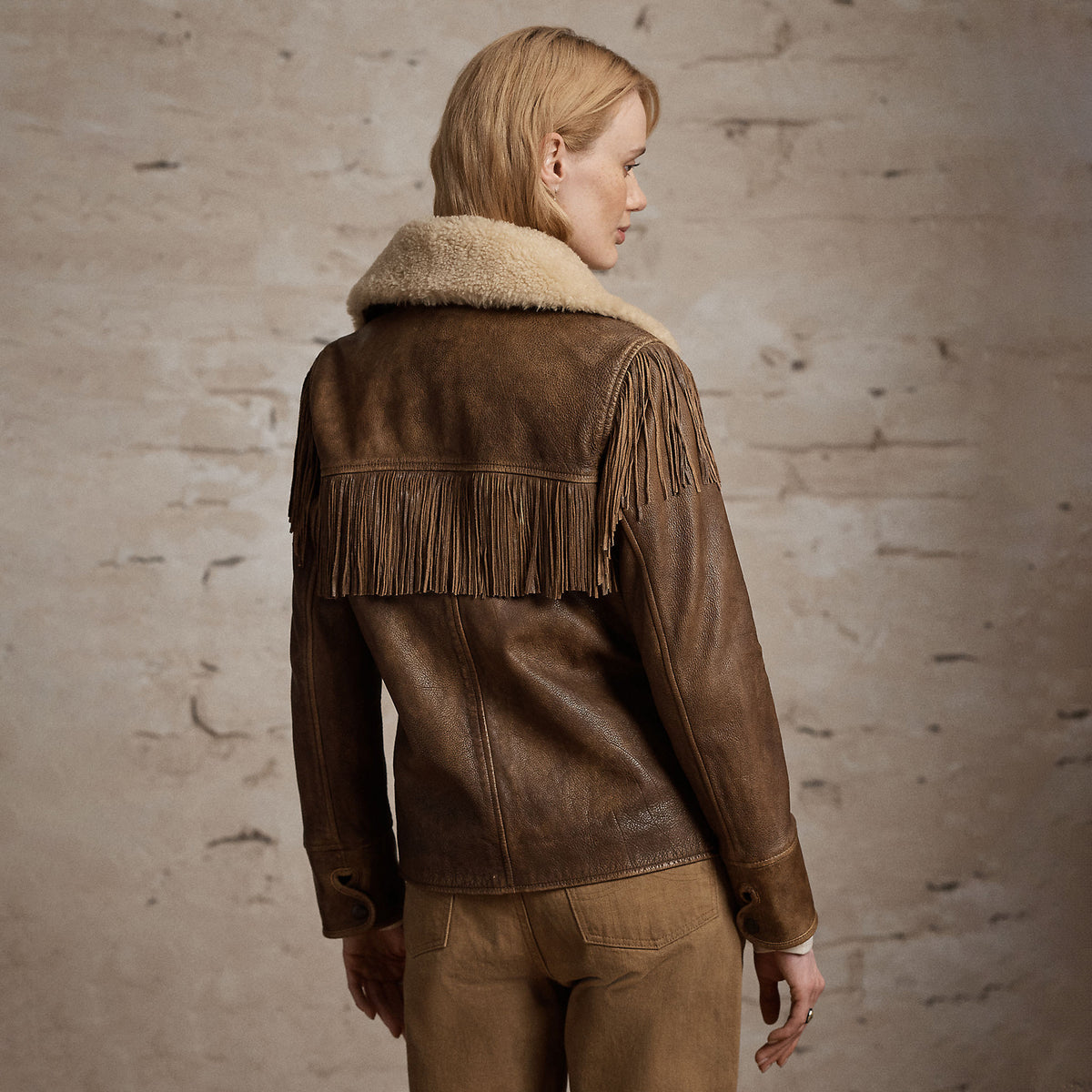 RRL by Ralph Lauren Womens Shearling-Collar Fringe Leather Jacket Vintage Brown / Tan