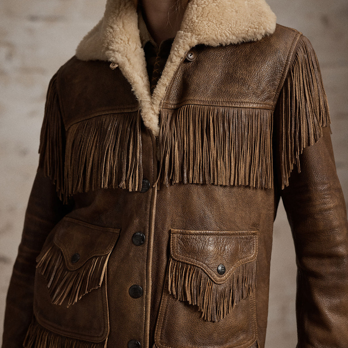 RRL by Ralph Lauren Womens Shearling-Collar Fringe Leather Jacket Vintage Brown / Tan