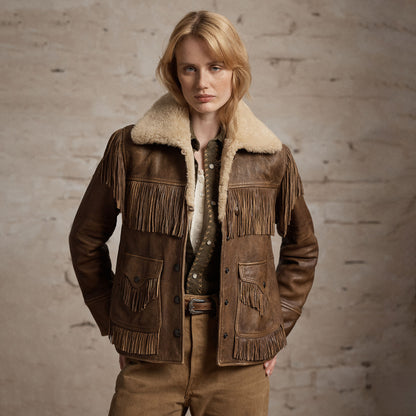 RRL by Ralph Lauren Womens Shearling-Collar Fringe Leather Jacket Vintage Brown / Tan