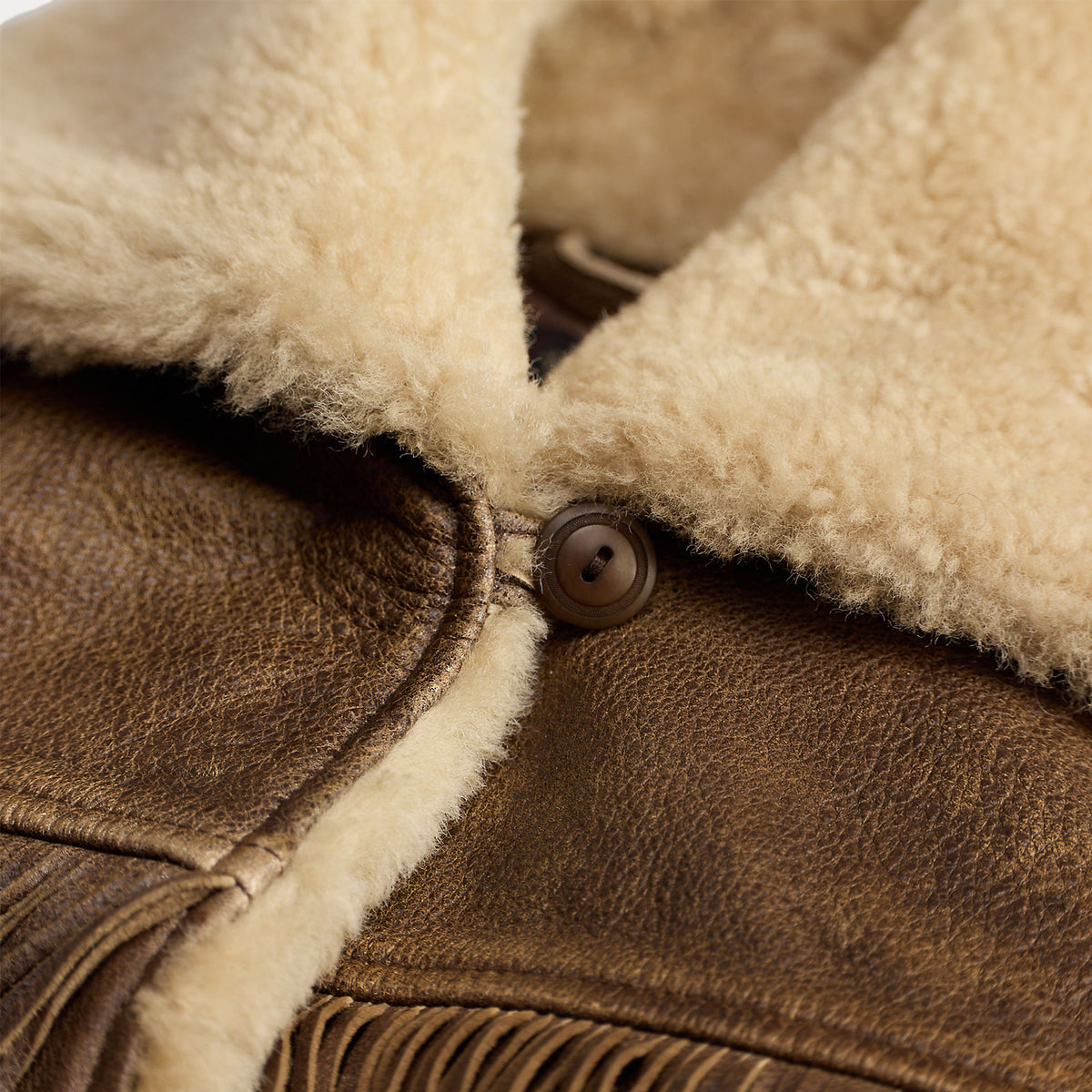 RRL by Ralph Lauren Womens Shearling-Collar Fringe Leather Jacket Vintage Brown / Tan