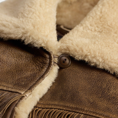 RRL by Ralph Lauren Womens Shearling-Collar Fringe Leather Jacket Vintage Brown / Tan