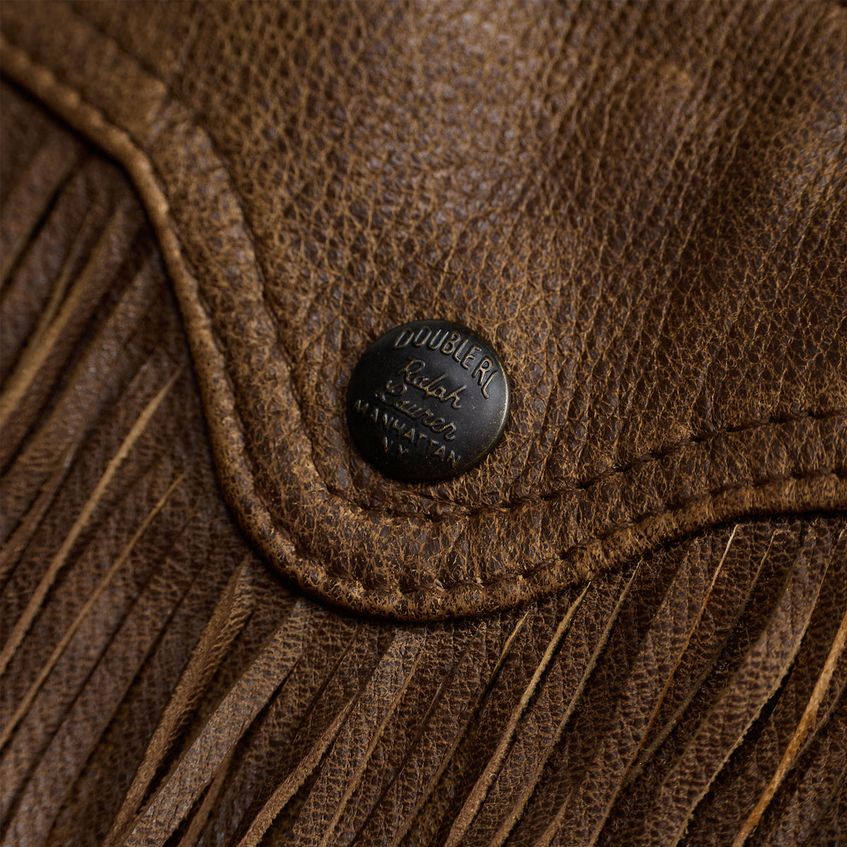 RRL by Ralph Lauren Womens Shearling-Collar Fringe Leather Jacket Vintage Brown / Tan