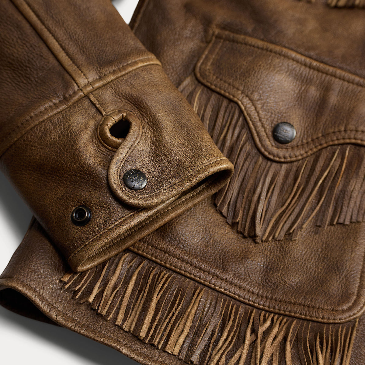 RRL by Ralph Lauren Womens Shearling-Collar Fringe Leather Jacket Vintage Brown / Tan
