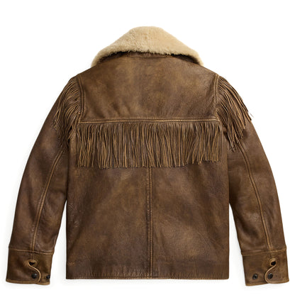 RRL by Ralph Lauren Womens Shearling-Collar Fringe Leather Jacket Vintage Brown / Tan