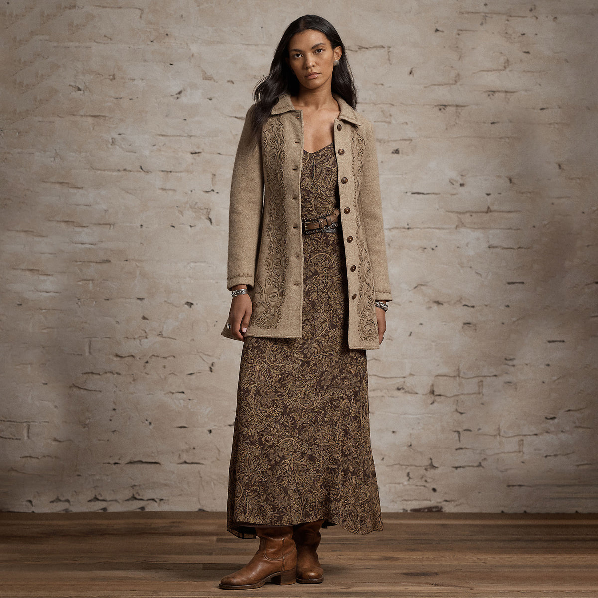 RRL by Ralph Lauren Womens Soutache-Trim Wool-Cotton Fleece Jacket Vintage Tan
