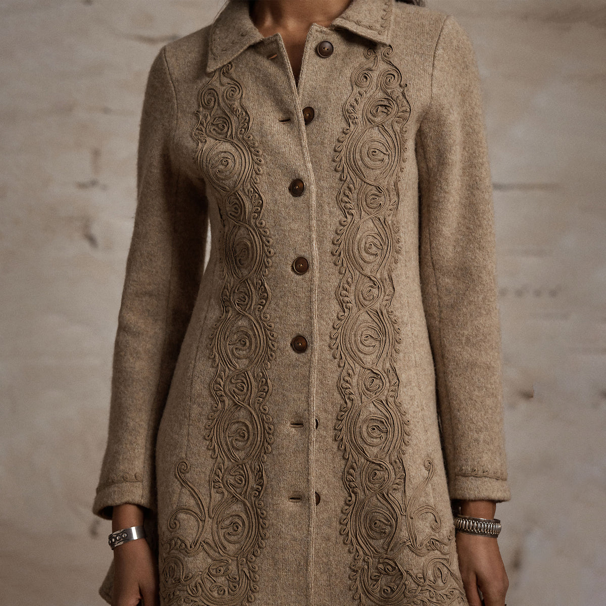 RRL by Ralph Lauren Womens Soutache-Trim Wool-Cotton Fleece Jacket Vintage Tan