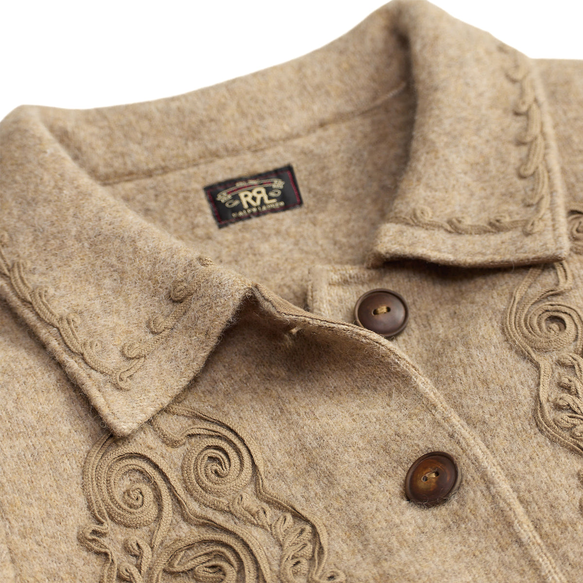 RRL by Ralph Lauren Womens Soutache-Trim Wool-Cotton Fleece Jacket Vintage Tan
