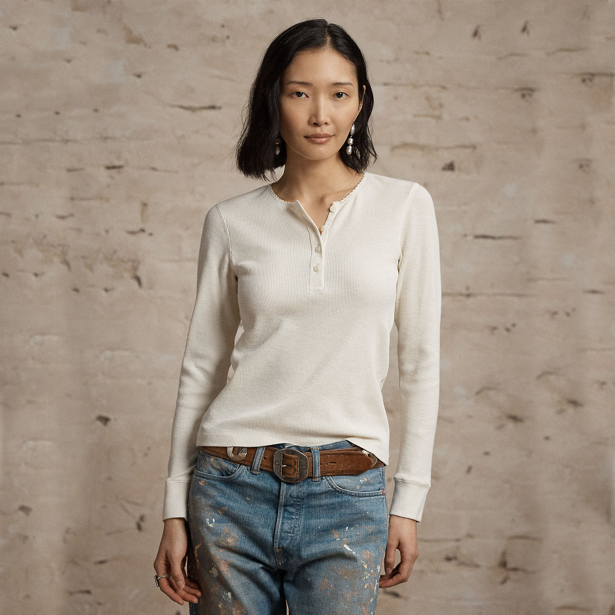 RRL by Ralph Lauren Womens Stretch Waffle-Knit Henley Shirt Antique Cream