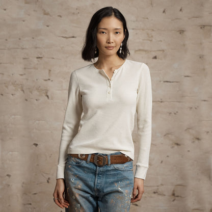 RRL by Ralph Lauren Womens Stretch Waffle-Knit Henley Shirt Antique Cream