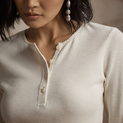 RRL by Ralph Lauren Womens Stretch Waffle-Knit Henley Shirt Antique Cream