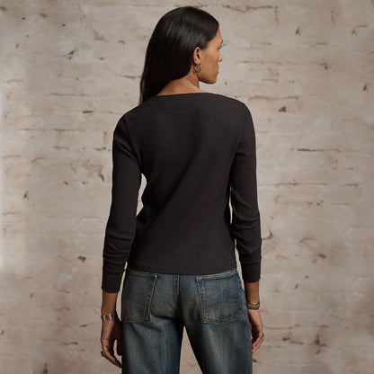 RRL by Ralph Lauren Womens Stretch Waffle-Knit Henley Shirt Sparrow Brown