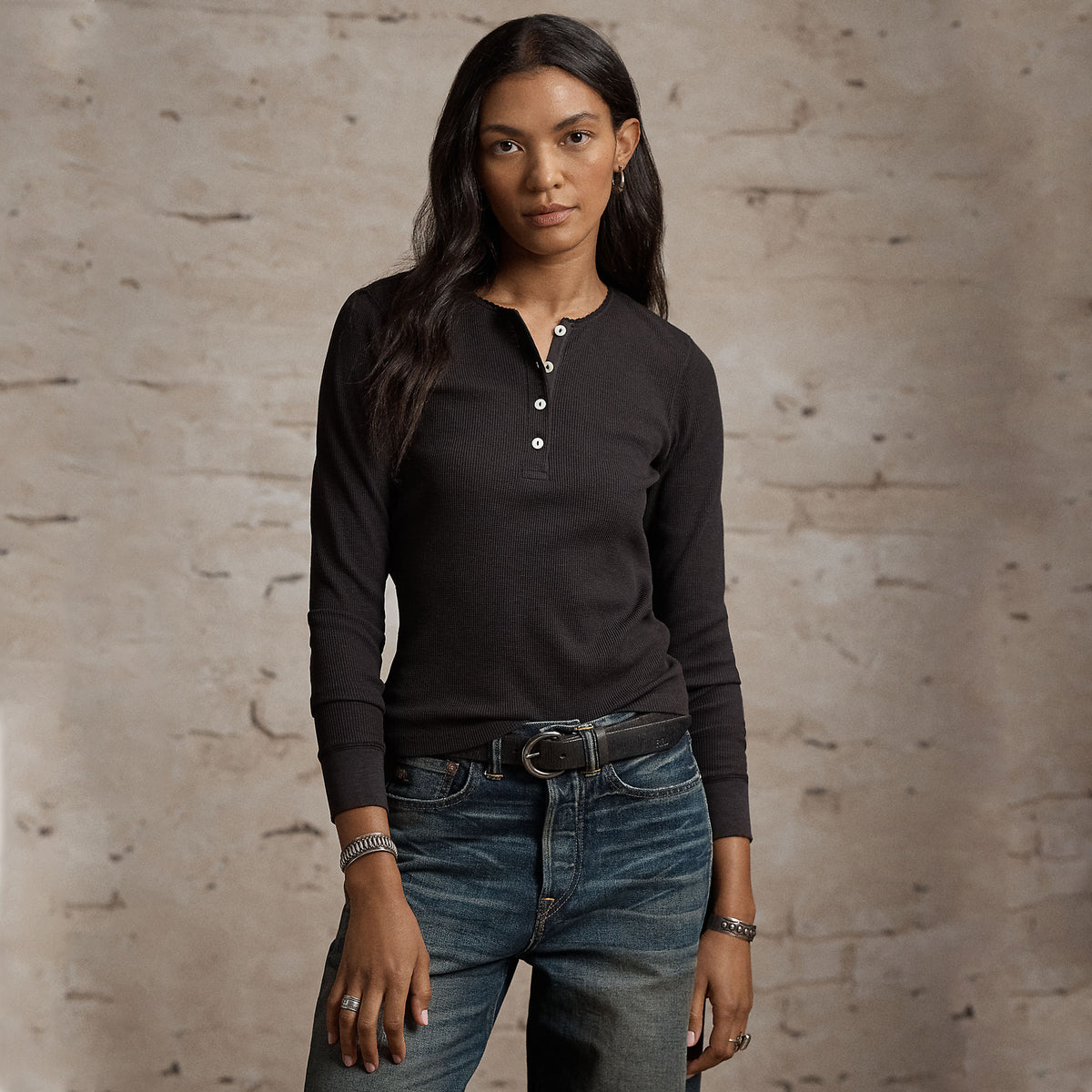 RRL by Ralph Lauren Womens Stretch Waffle-Knit Henley Shirt Sparrow Brown