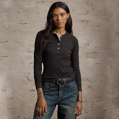 RRL by Ralph Lauren Womens Stretch Waffle-Knit Henley Shirt Sparrow Brown