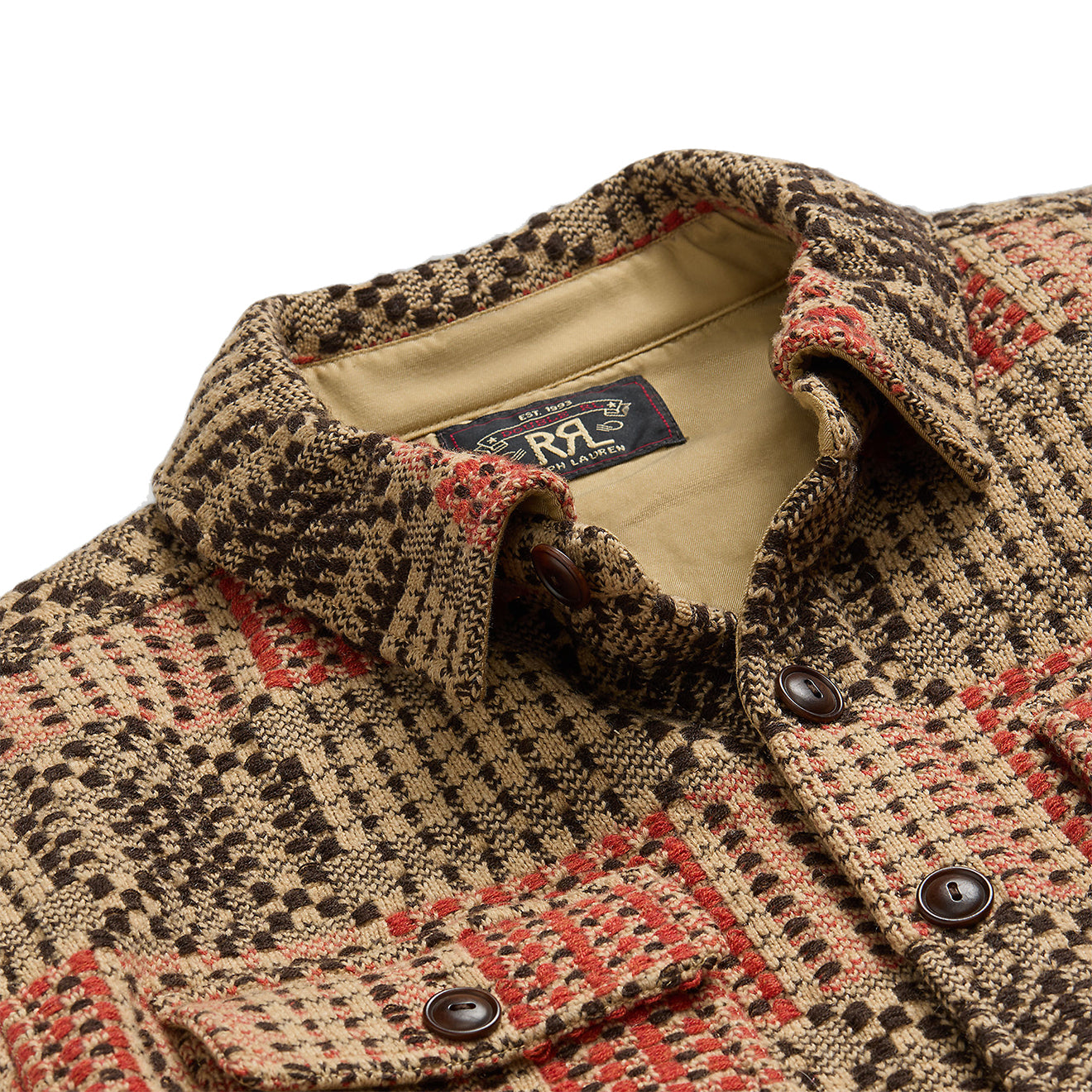 RRL by Ralph Lauren Wool Jacquard Overshirt Jumper Red/Black/Tan - The Sporting Lodge