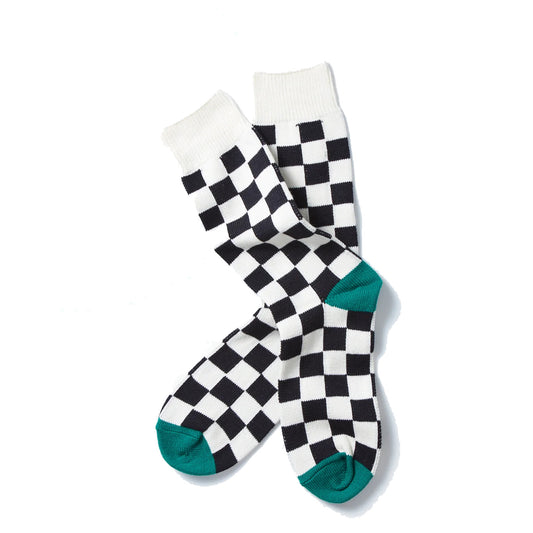 Rototo Checkerboard Sock Ivory / Black Green - The Sporting Lodge