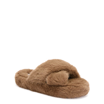 Scholl Womens Fluffy Cross Slippers Taupe