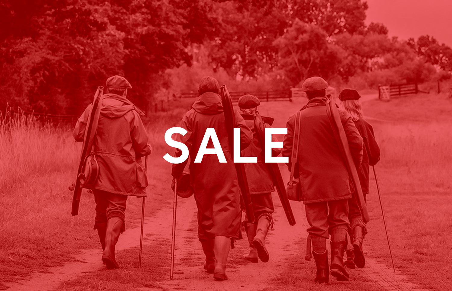 Red-tinted image of a group of people wearing country clothing, walking with rifles on a path, overlaid with the word 'SALE'.