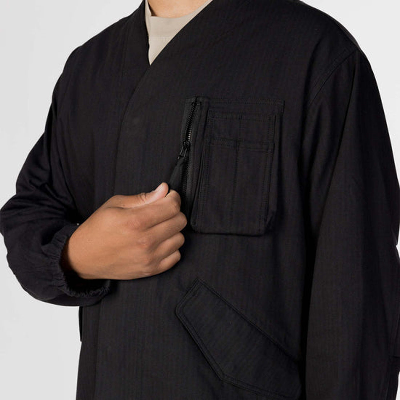 Snow Peak TAKIBI Herringbone Collarless Jacket Black - The Sporting Lodge