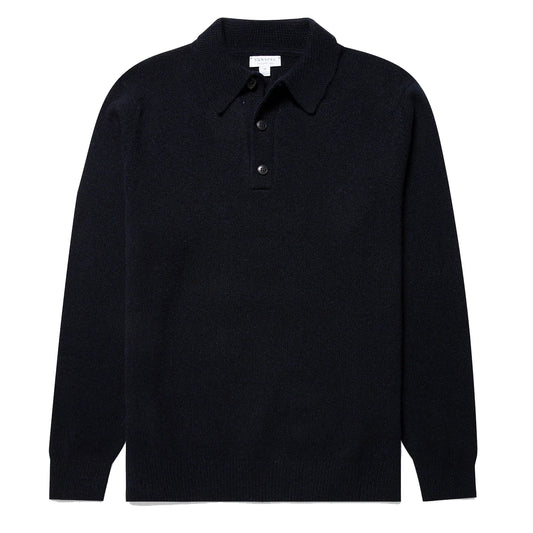Sunspel Lambswool Polo Shirt Dark Navy Mouline - The Sporting Lodge