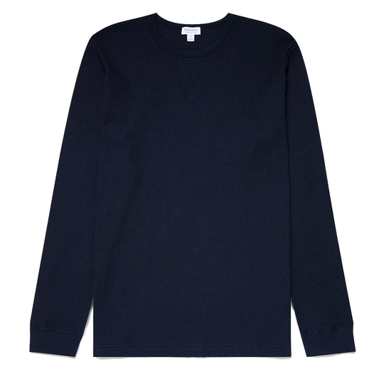 Sunspel Long Sleeve Waffle T-shirt Navy - The Sporting Lodge