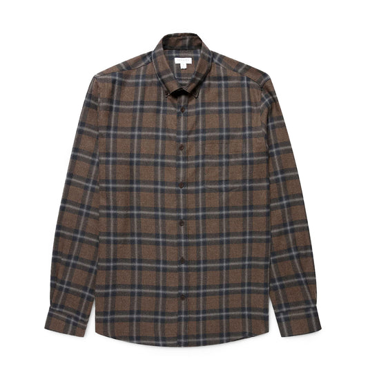 Sunspel Brushed Cotton Flannel Check Shirt Bark Check