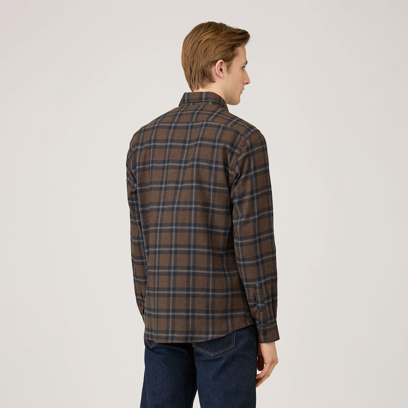 Sunspel Brushed Cotton Flannel Check Shirt Bark Check
