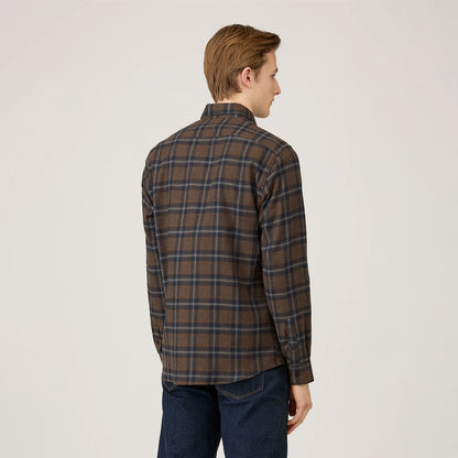 Sunspel Brushed Cotton Flannel Check Shirt Bark Check