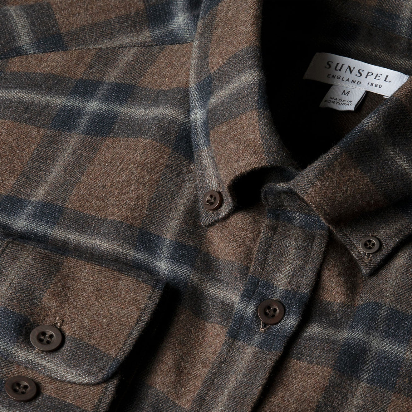 Sunspel Brushed Cotton Flannel Check Shirt Bark Check