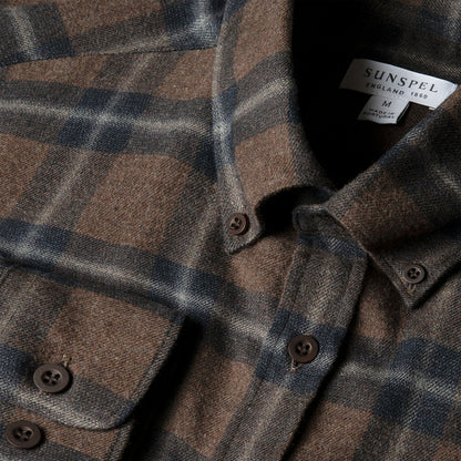 Sunspel Brushed Cotton Flannel Check Shirt Bark Check