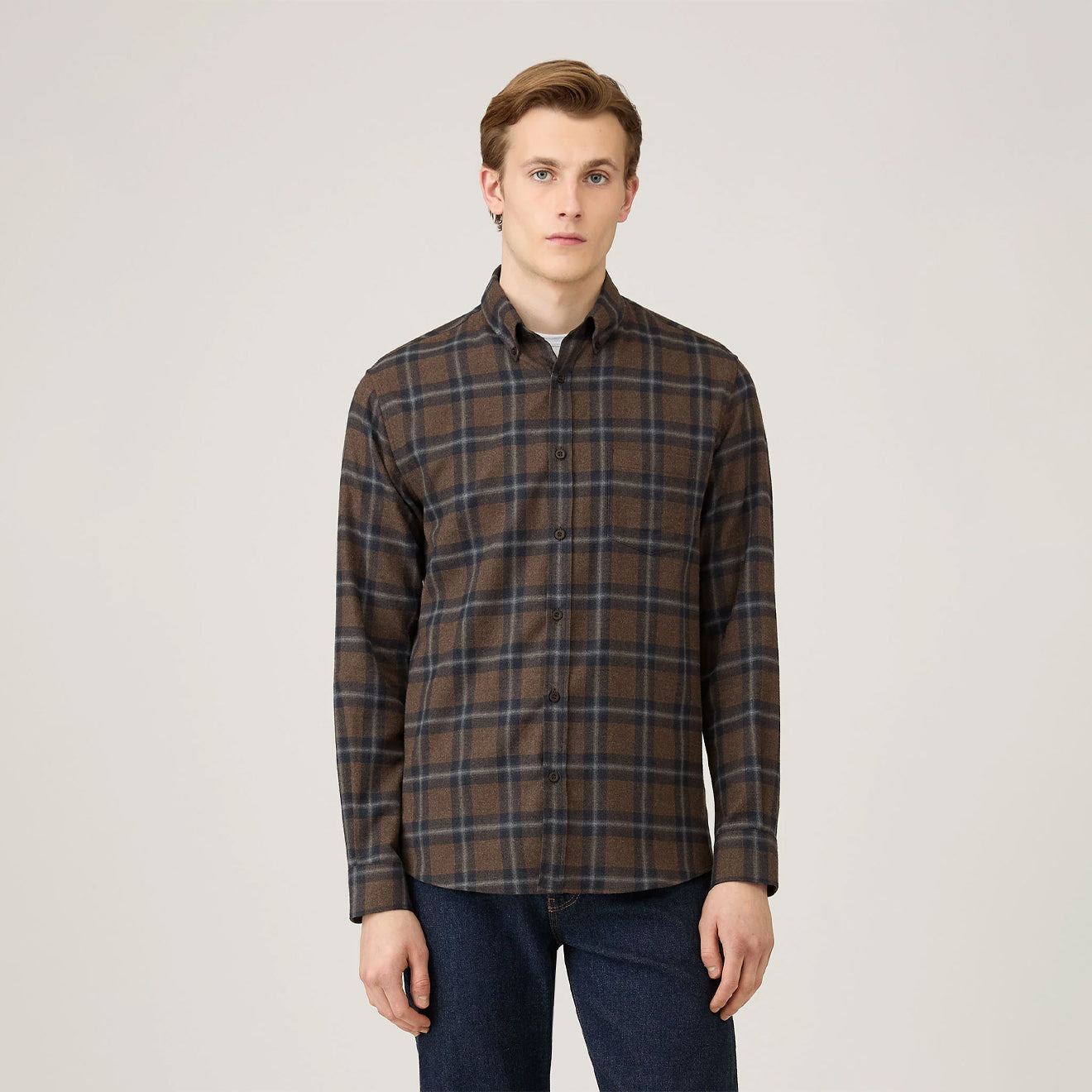 Sunspel Brushed Cotton Flannel Check Shirt Bark Check
