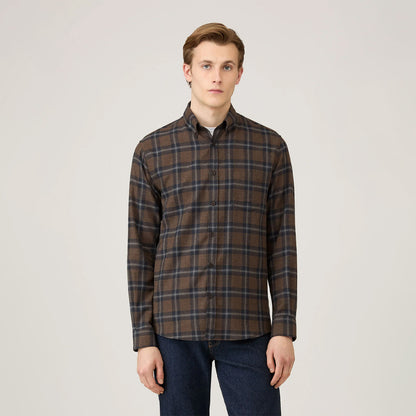 Sunspel Brushed Cotton Flannel Check Shirt Bark Check