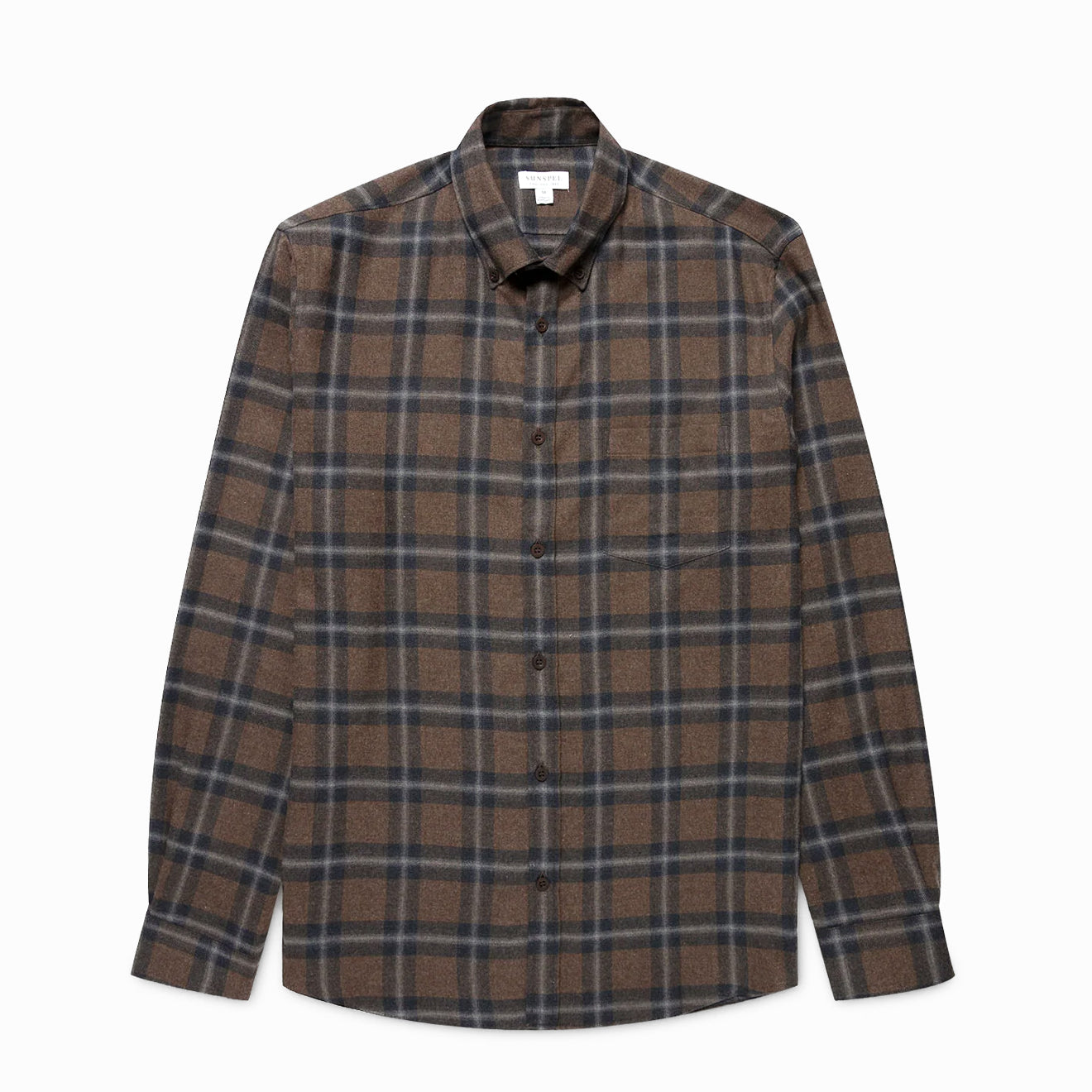 Sunspel Brushed Cotton Flannel Check Shirt Bark Check