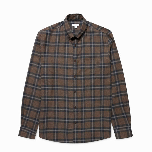 Sunspel Brushed Cotton Flannel Check Shirt Bark Check