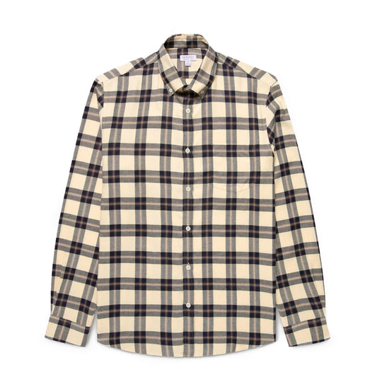 Sunspel Brushed Cotton Flannel Check Shirt Ecru / Truffle Check