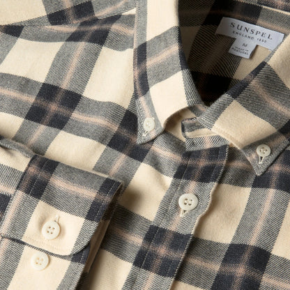 Sunspel Brushed Cotton Flannel Check Shirt Ecru / Truffle Check