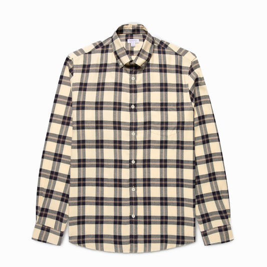 Sunspel Brushed Cotton Flannel Check Shirt Ecru / Truffle Check