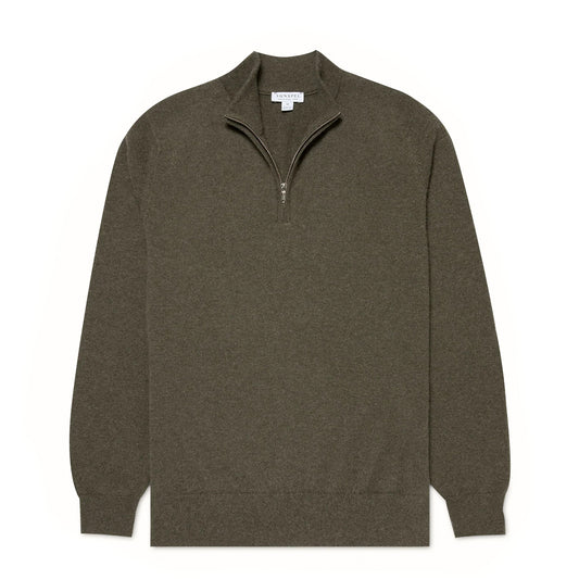 Sunspel Cashmere Half Zip Khaki