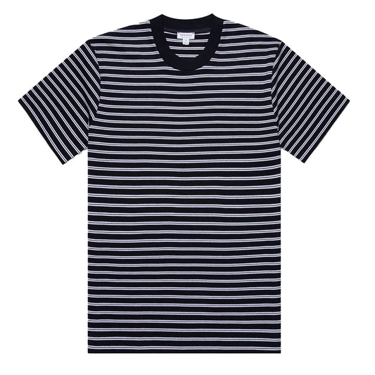 Sunspel Heavy Weight Stripe S/S Crew Tee Navy / White