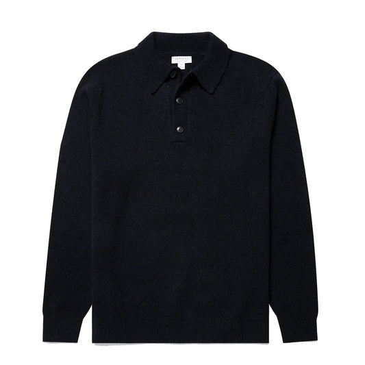 Sunspel Lambswool Polo Shirt Dark Navy Mouline - The Sporting Lodge